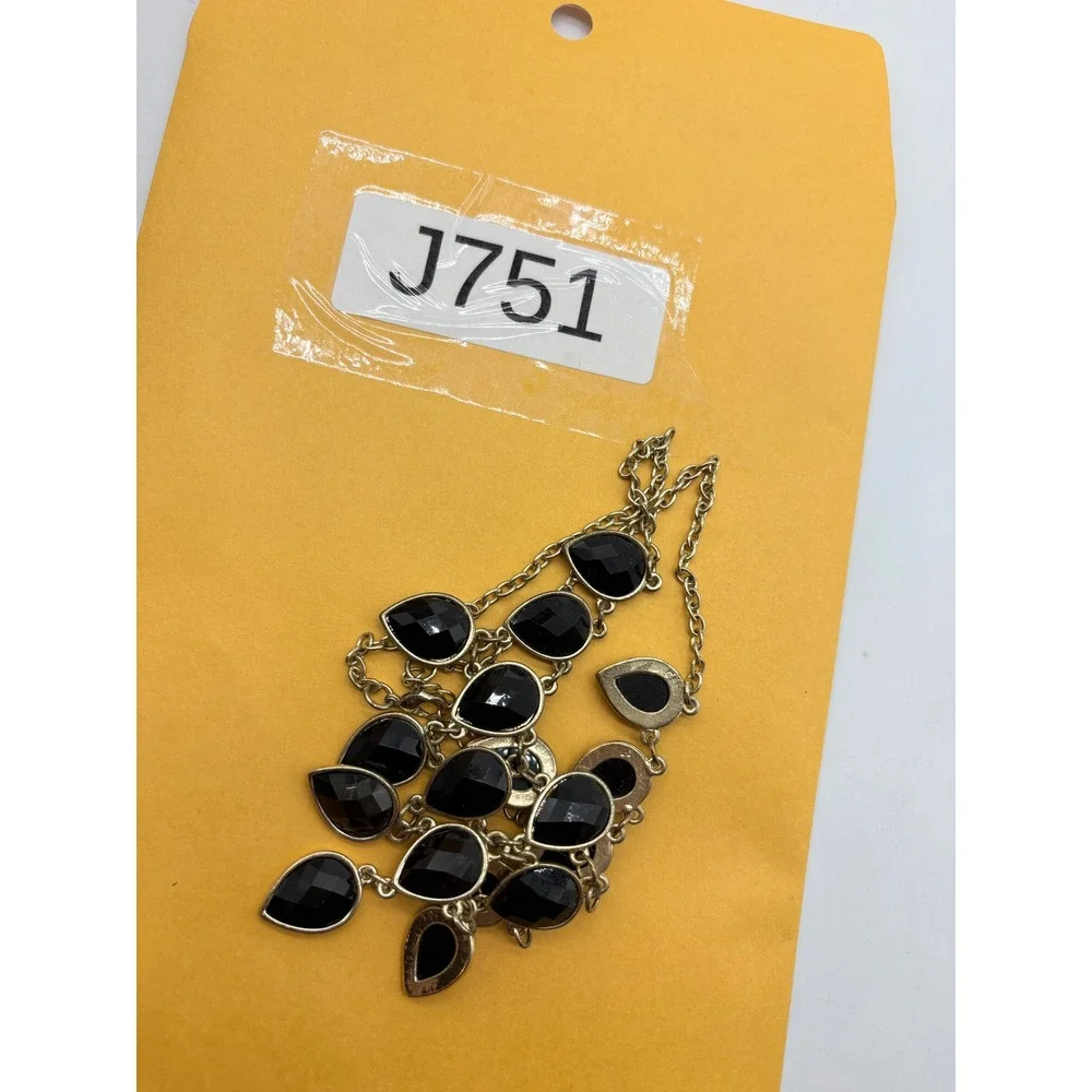 Black Teardrop‎ Bib Statement Necklace Gold Tone Tiered Faceted Stone